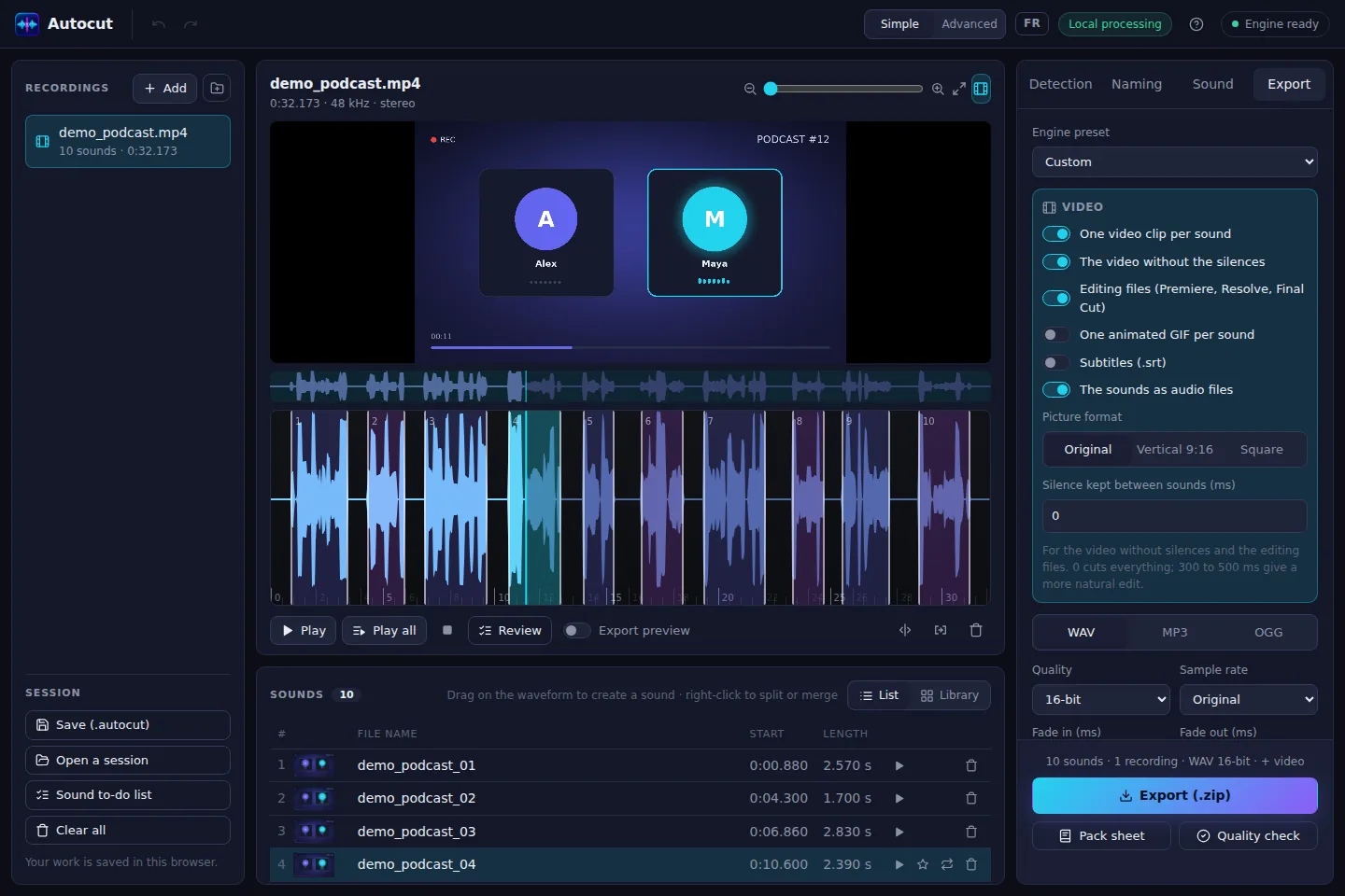 The Otocut studio with a video split into sentences and the subtitle options