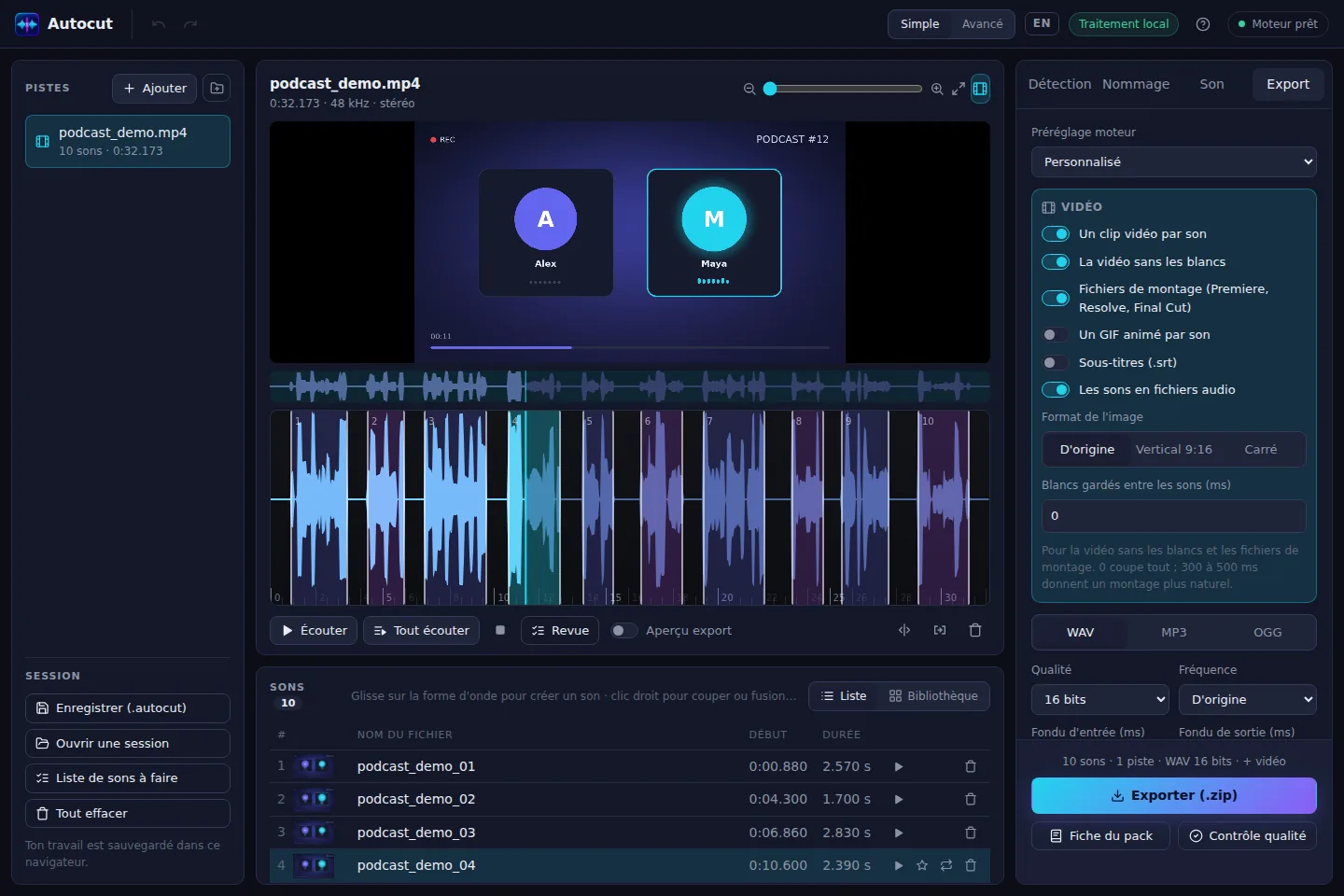 Le studio Autocut : un podcast filmé découpé en phrases, avec l'aperçu vidéo et les exports vidéo