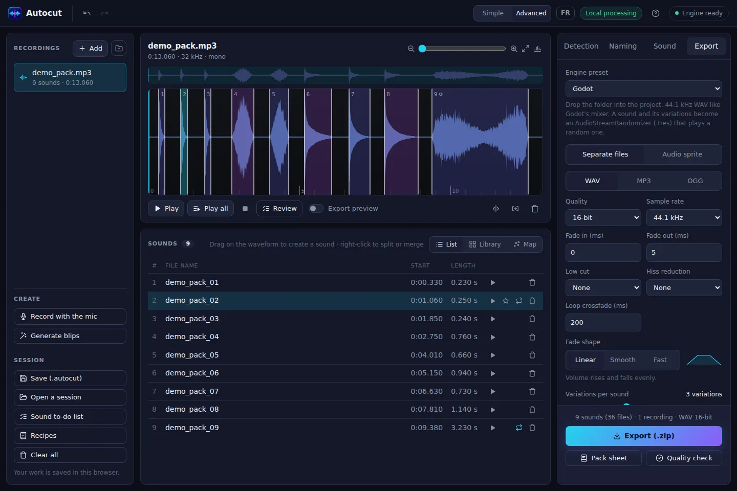 Otocut's Godot export with three variations per sound and a loop