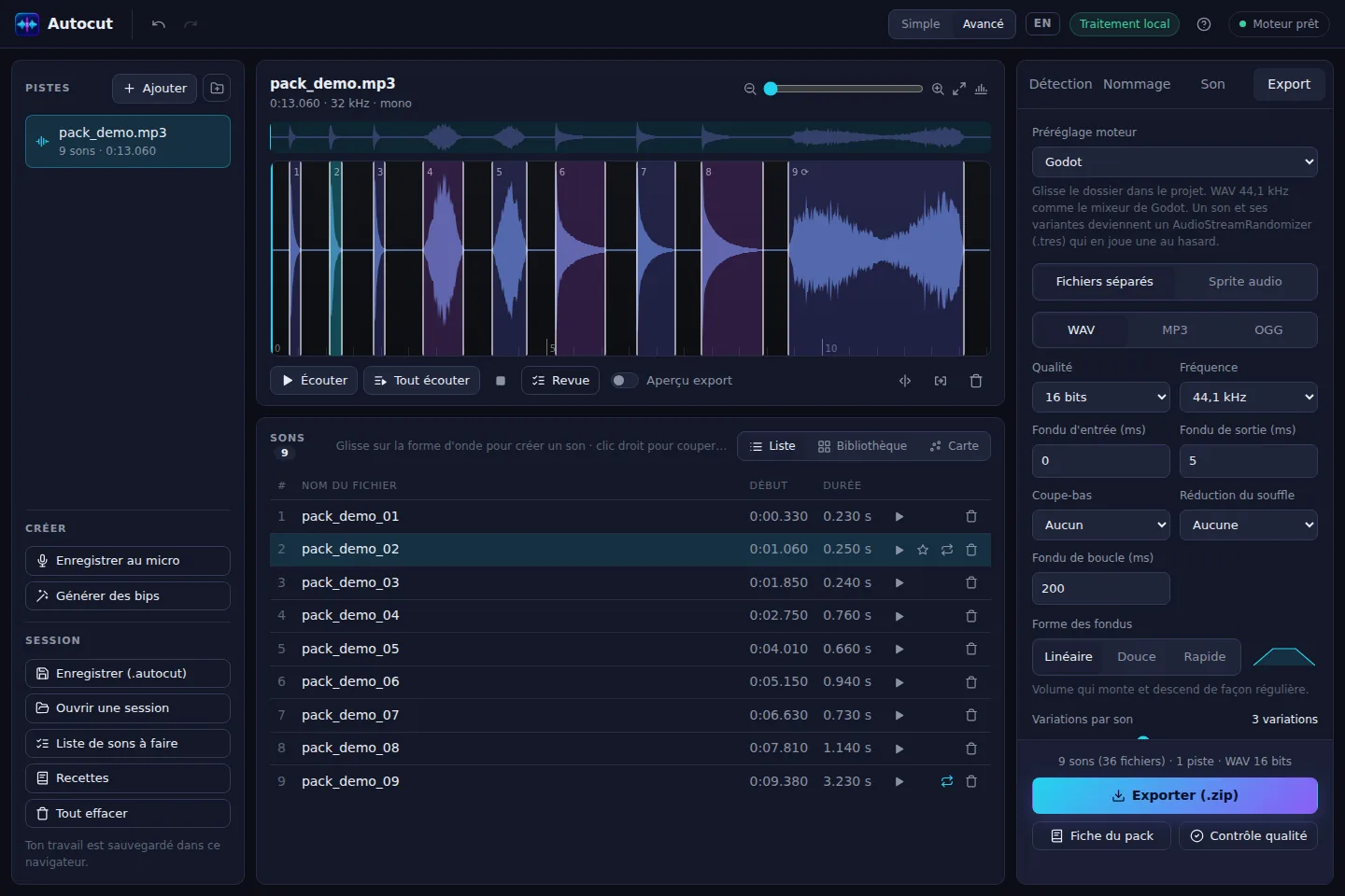 L'export Godot d'Autocut avec trois variations par son et une boucle